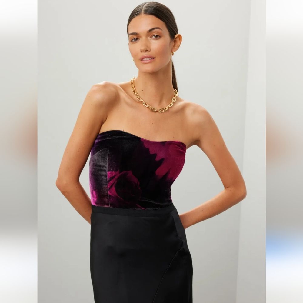 Retrofete Nat Velvet Black Rose Strapless Top Size M